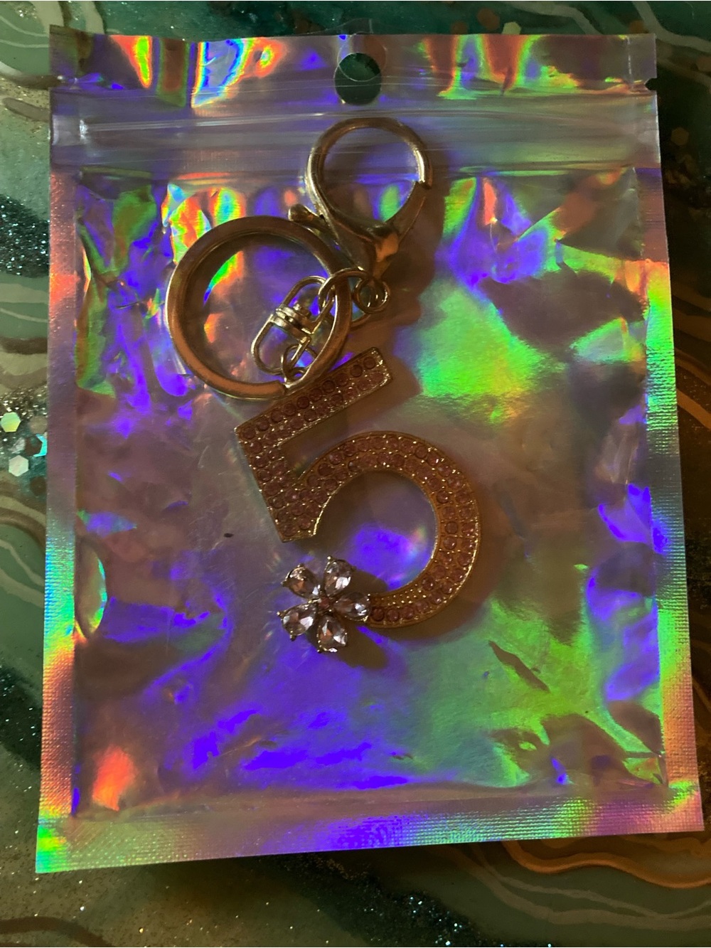 Source Unknown Gold Crystal Number 5 Keychain Charm
